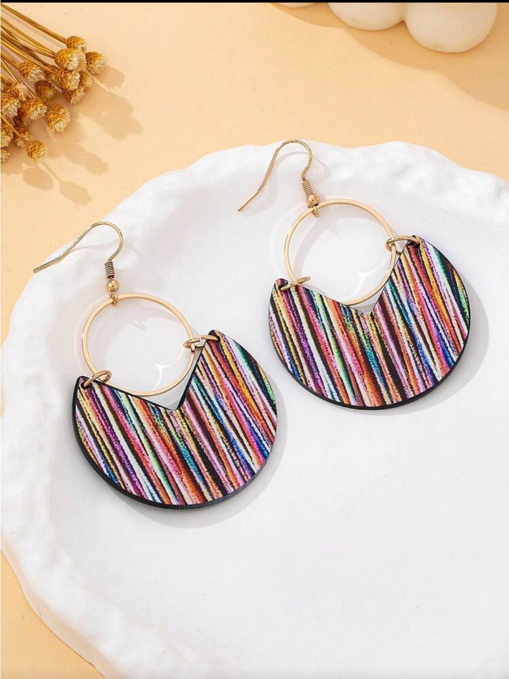Mixed Colors Striped Crescent Drop Earrings - Unbranded